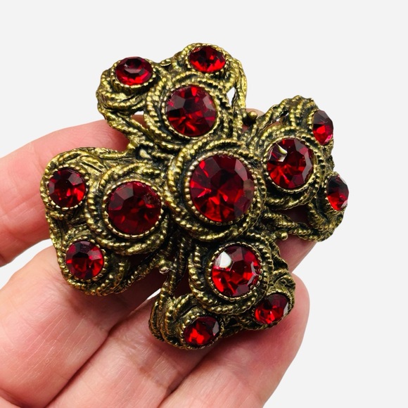 Vintage Volcanic Red Har Maltese Cross Brooch and Earring Demi Set - Picture 3 of 7